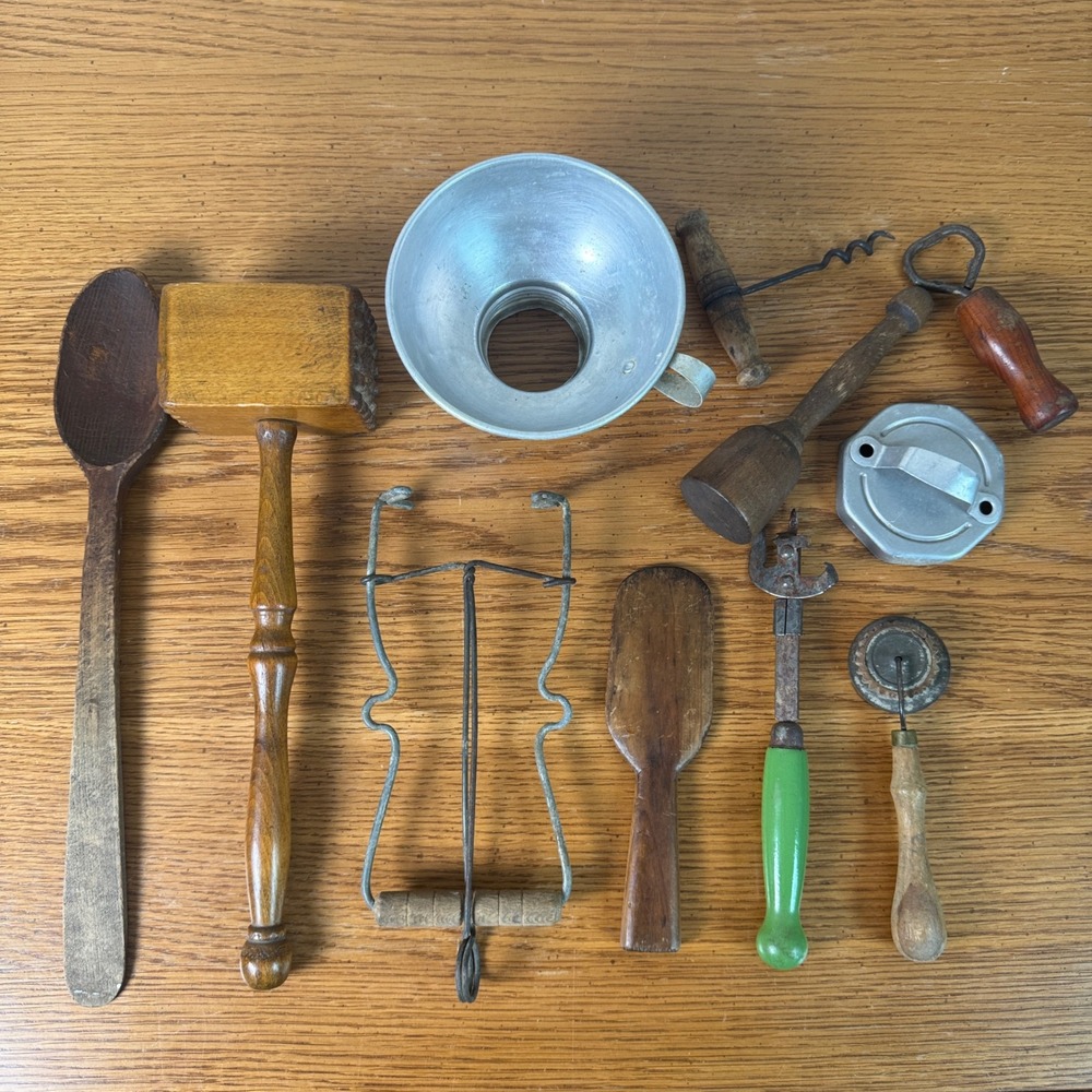 Vintage Rustic Kitchen Utensil Lot Wood Meat Tenderizer Spoon Bottle Opener 10pc